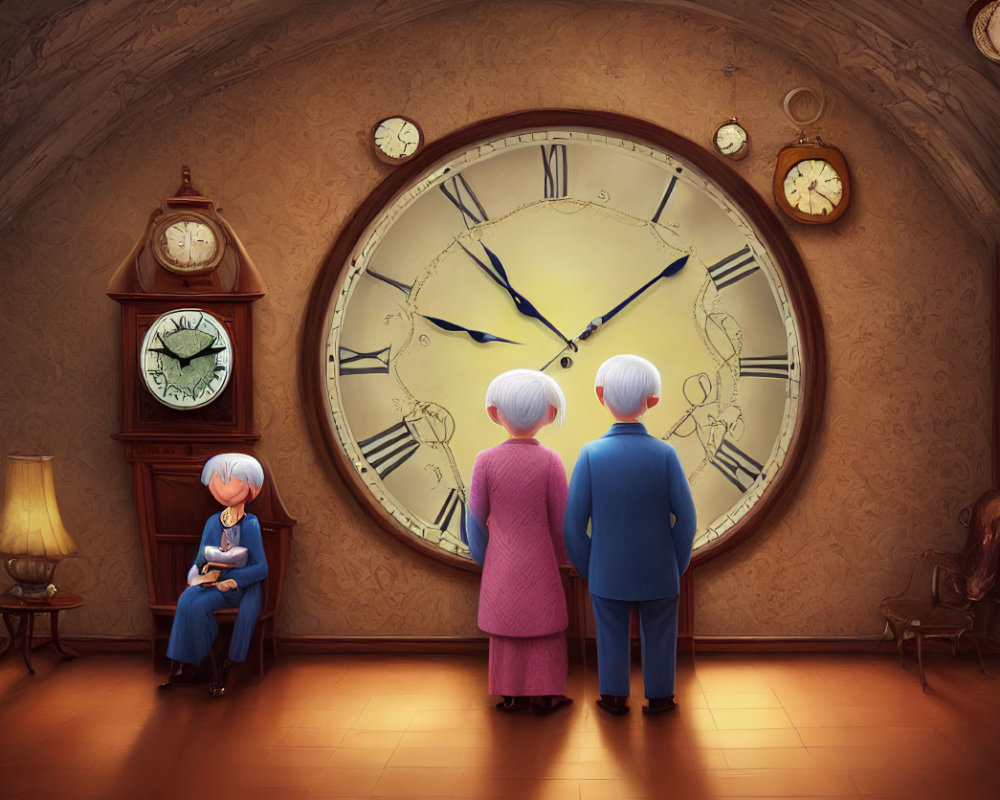 Elderly people surrounded by clocks in reflective room