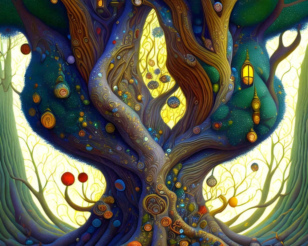 Colorful fantasy tree with swirling patterns and houses in a magical setting