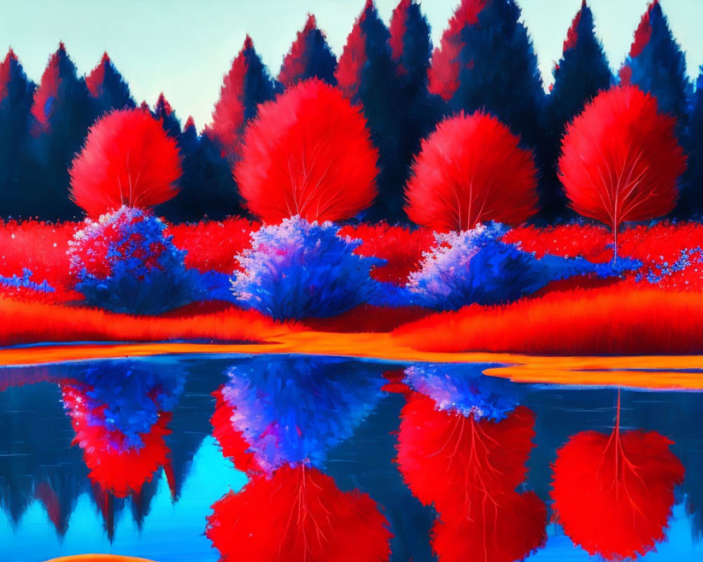 Colorful landscape painting with blue water, red and blue foliage, and rich blue background