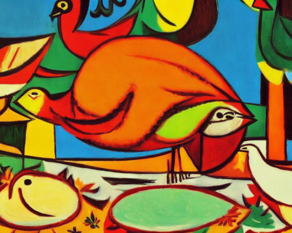 Vibrant Abstract Painting of Stylized Birds in Bold Colors