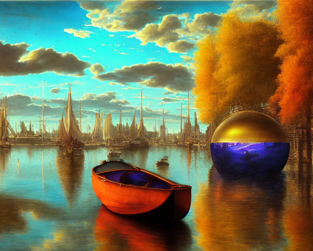 Surreal landscape with boat, orb, autumn trees, sailboats, and blue sky