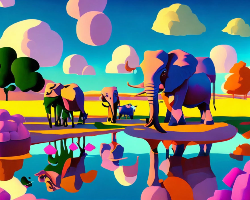 Colorful surreal landscape with floating islands and stylized elephants