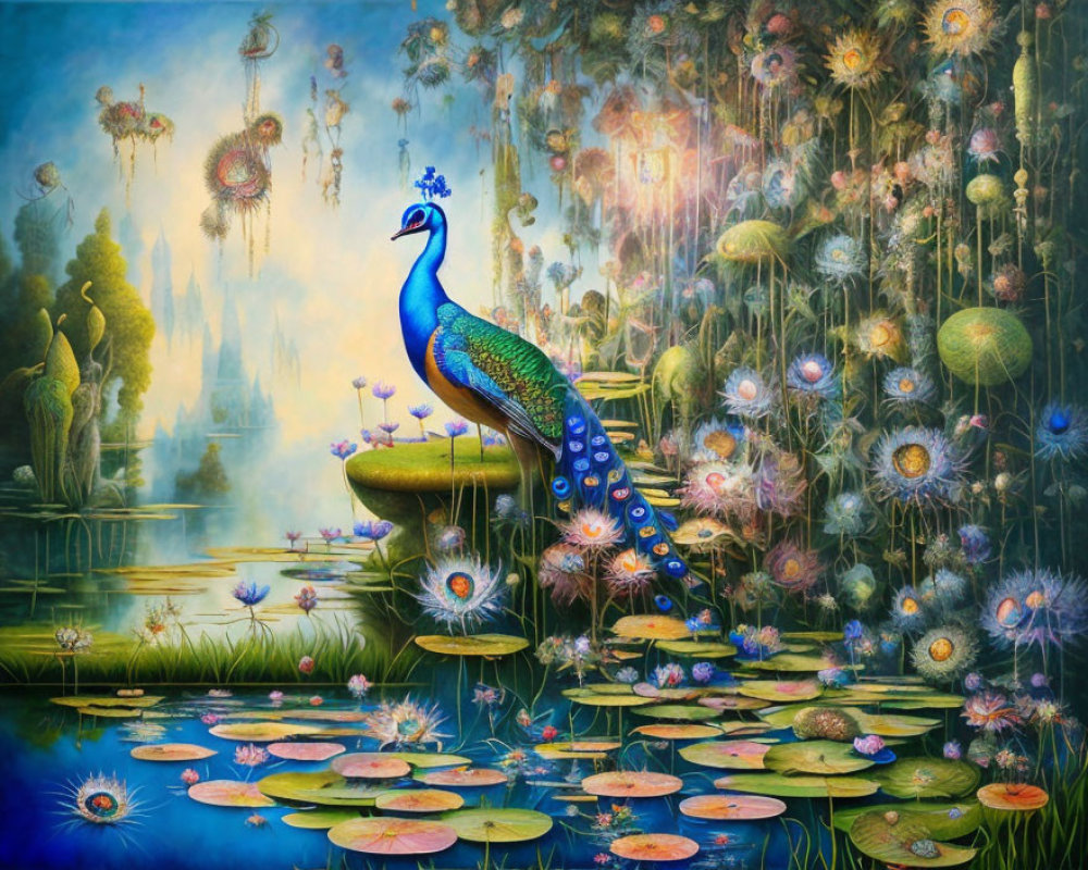 Colorful peacock on mossy rock by magical pond with lily pads and floating islands