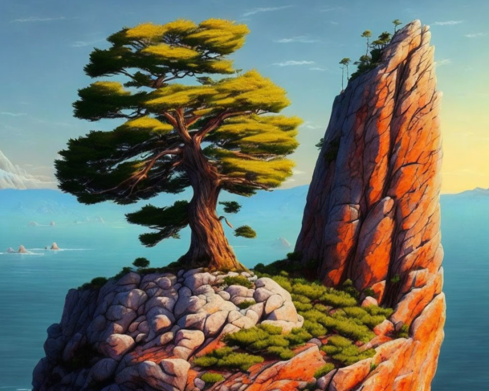 Majestic tree on rugged cliff by calm sea with smaller trees on rocky outcrops
