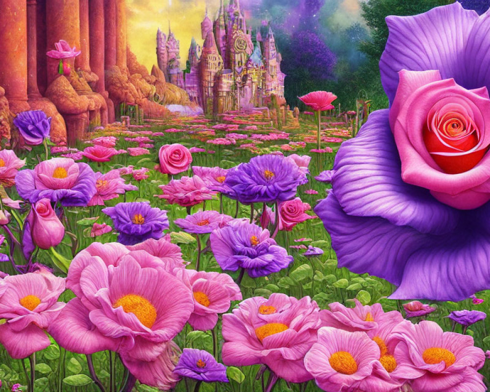 Vibrant illustration of magical garden with purple and pink flowers and fantasy castle