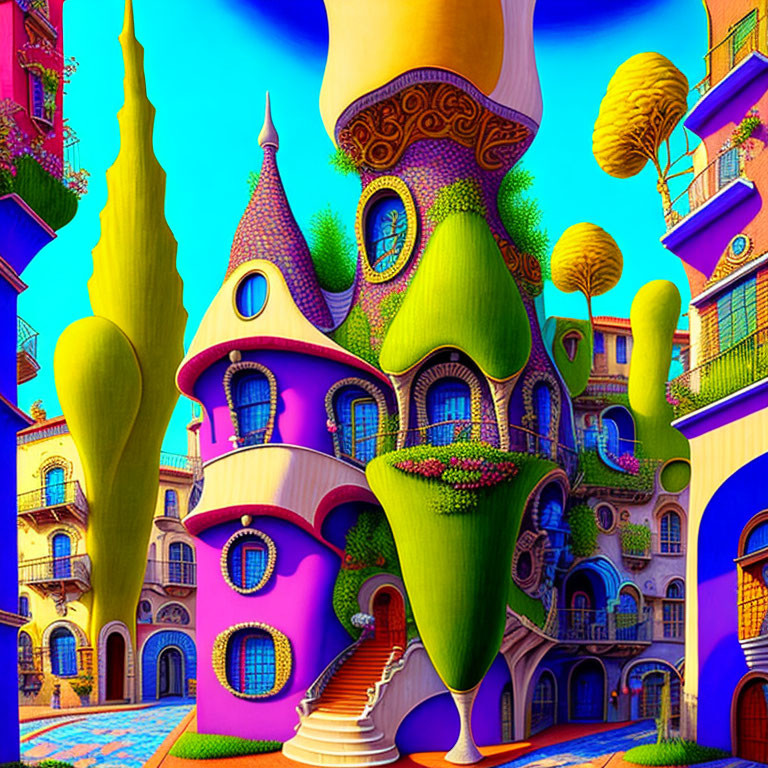 Colorful Fantastical Building Illustration with Curved Architecture