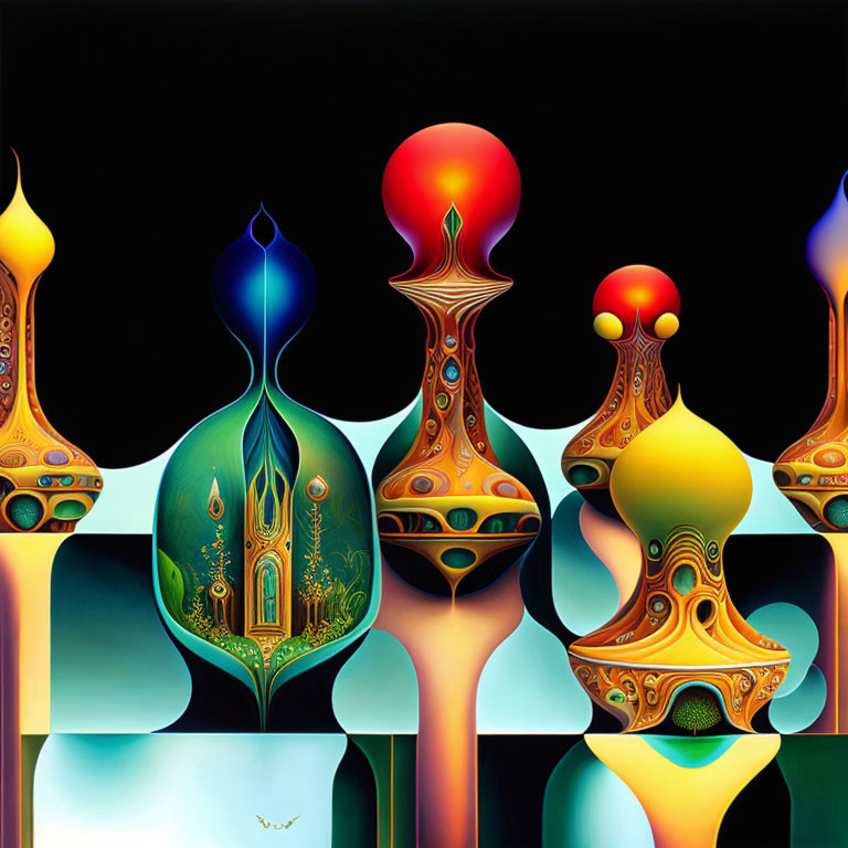 Vibrant abstract art: stylized bottle shapes with reflections on dark background