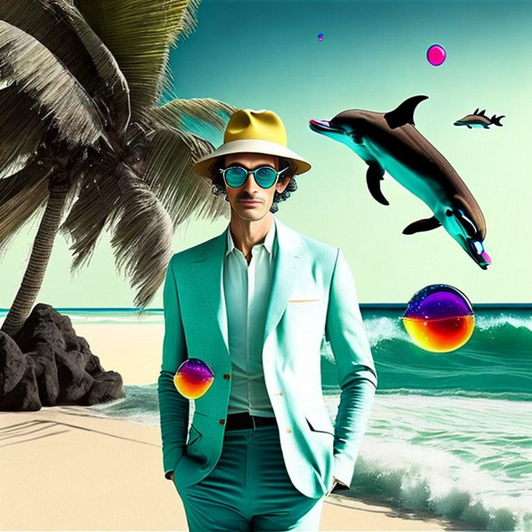 Man in teal suit and yellow hat on beach with dolphins, bubbles, and palm trees.
