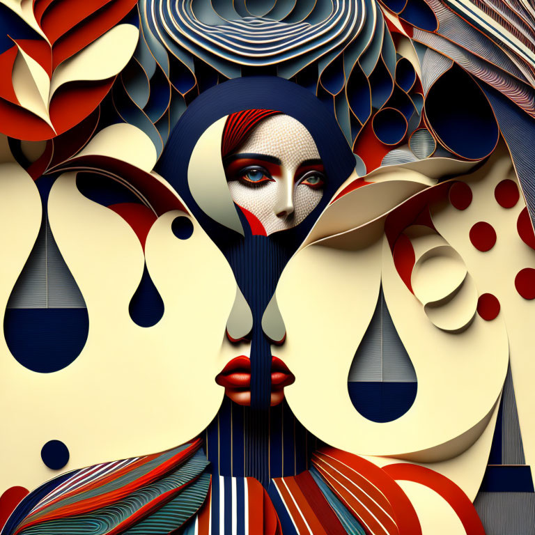 Abstract digital artwork: Woman's face in bold red, blue, cream colors