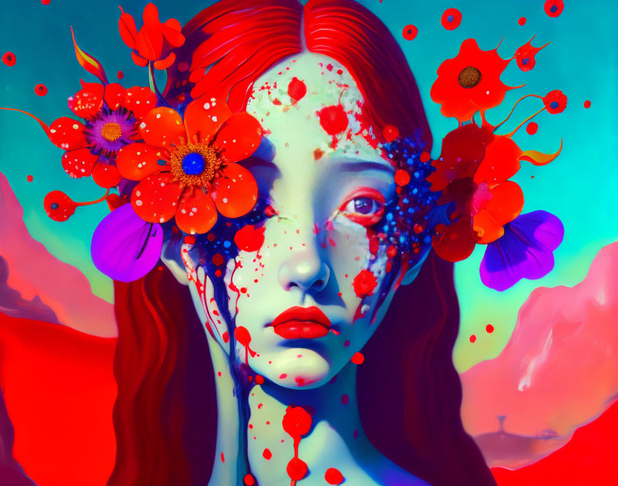 Vivid portrait of woman with red hair and floral face paint