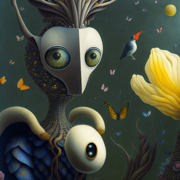 Surreal owl-like creature with detailed eyes among butterflies, bird, and yellow flower