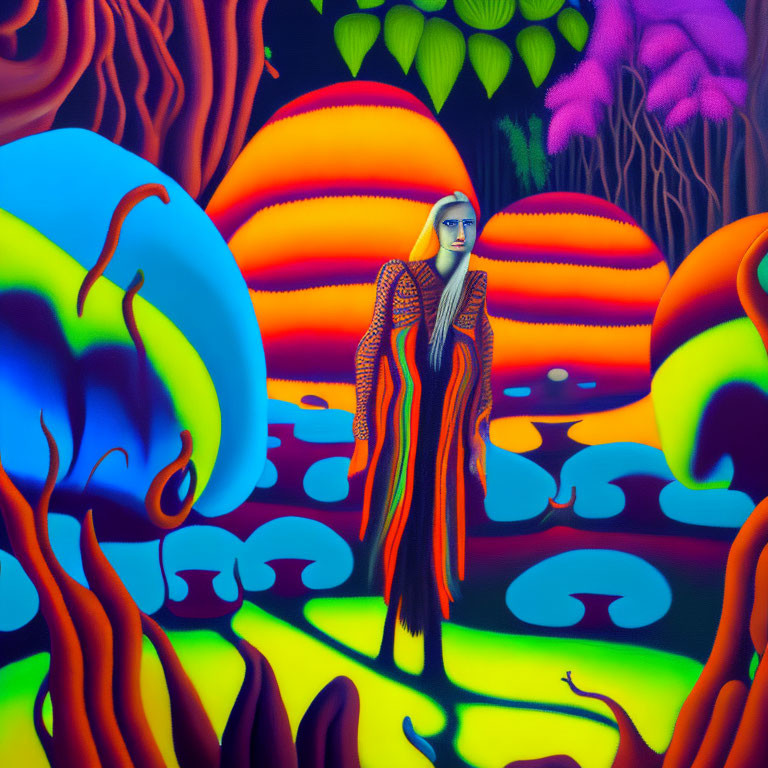 Colorful painting featuring person in patterned outfit amidst surreal landscapes