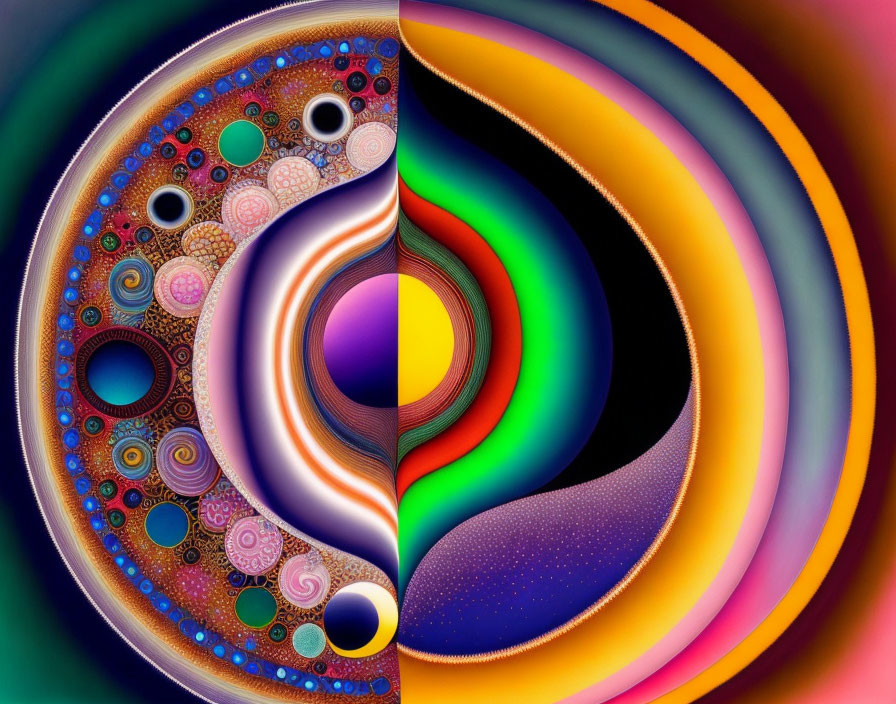 Colorful digital artwork: intricate fractal patterns and concentric arcs