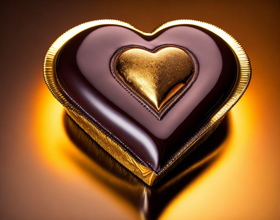 Heart-shaped glossy object with gold rim and smaller heart on warm amber background