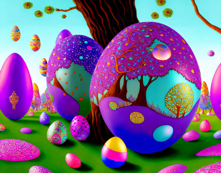 Colorful Landscape with Whimsical Trees and Decorative Eggs