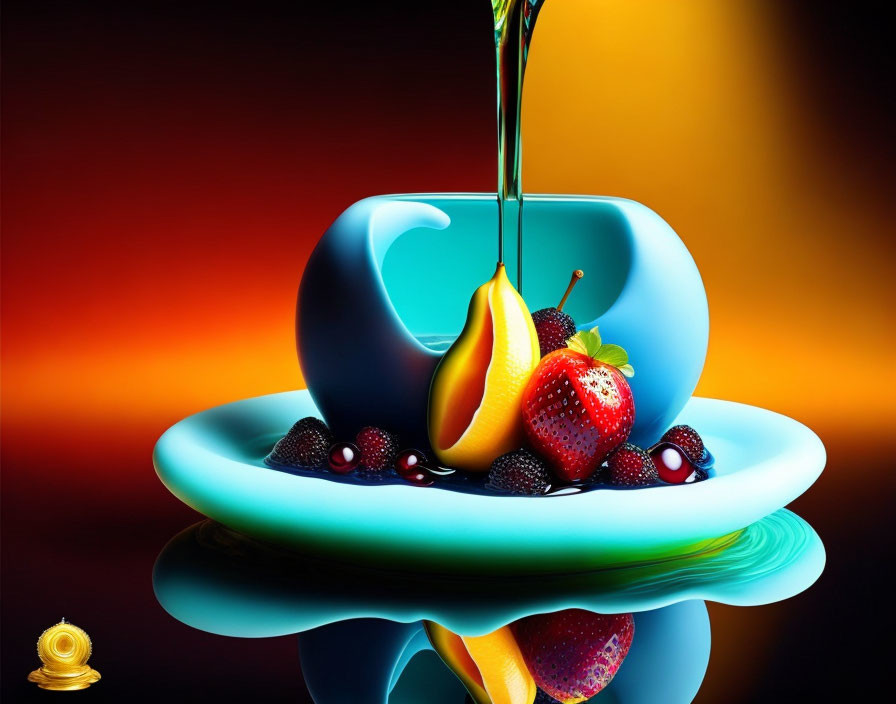 Colorful Fruit Still Life on Blue Plate with Syrup and Reflection