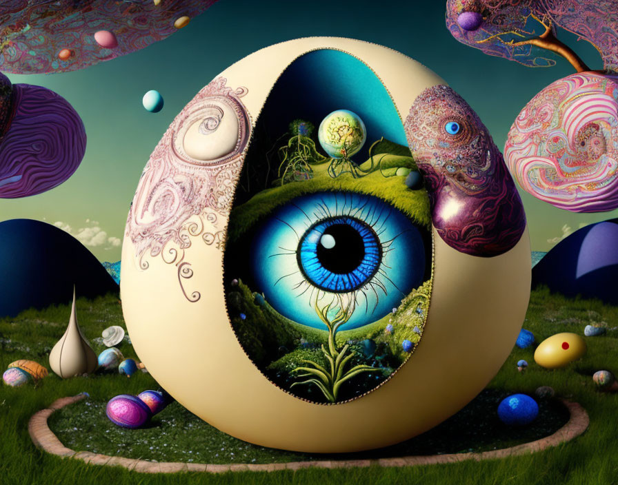 Vibrant surreal landscape with intricate egg-shaped objects and central eye in fantastical flora setting