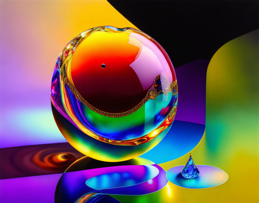 Colorful Reflective Sphere with Iridescent Hues on Glossy Surface
