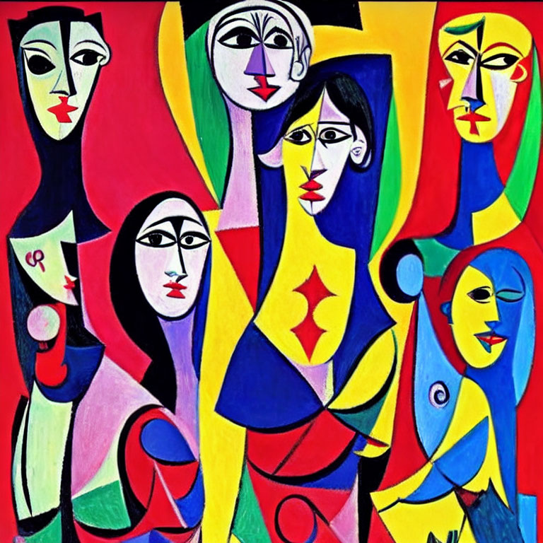 Vibrant abstract painting of stylized female faces with bold geometric background