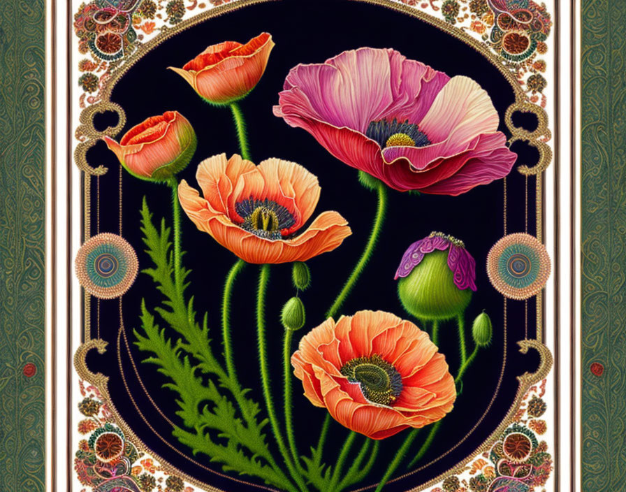Detailed Red and Pink Poppies with Gold Embroidery on Black Background