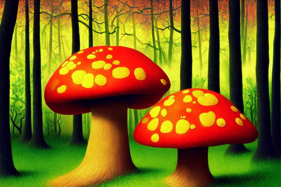 Vibrant forest scene with large red mushrooms and yellow spots