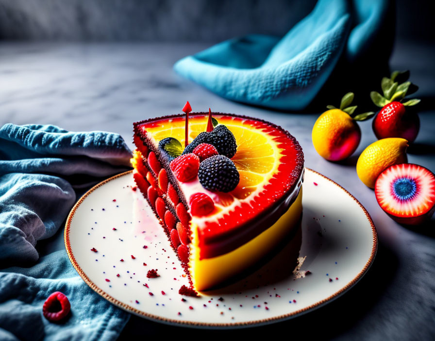 Colorful Berry Cheesecake with Citrus Fruit and Cream on White Plate