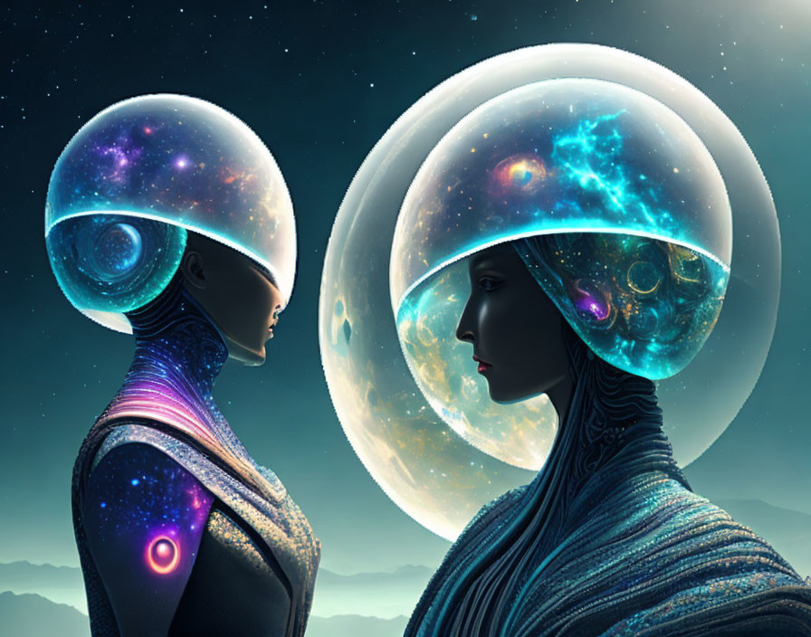 Cosmic-themed humanoid figures in transparent helmets against starry space backdrop