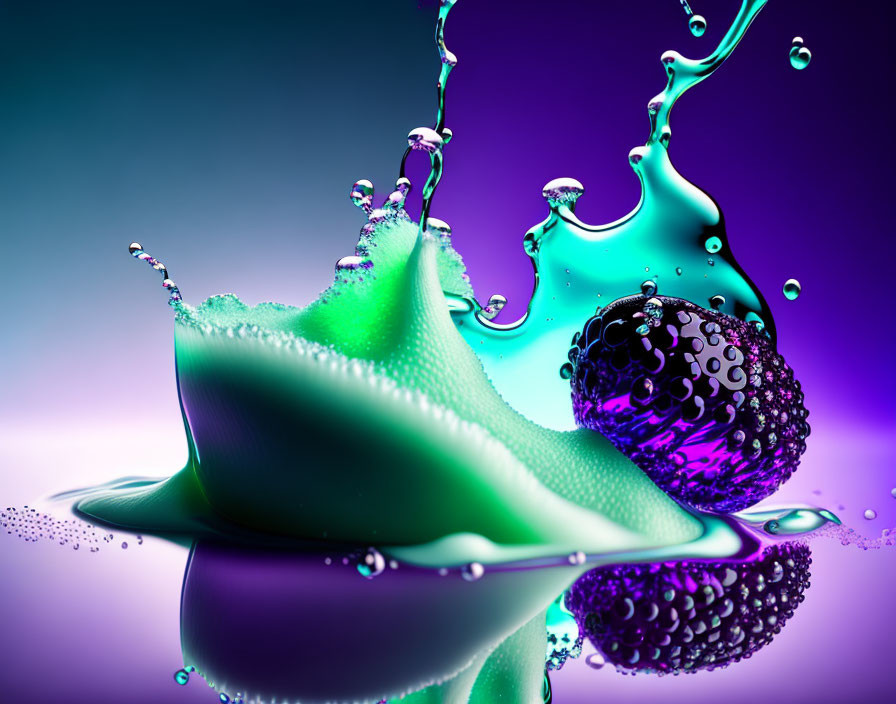 Colorful liquid sphere with droplets on purple background