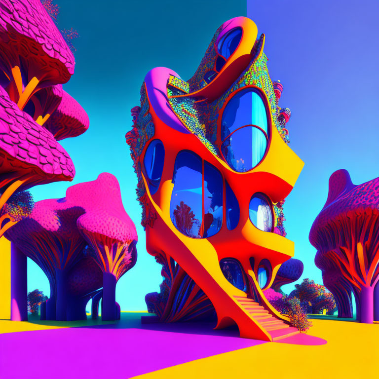 Colorful surreal landscape with whimsical orange structure and stylized trees