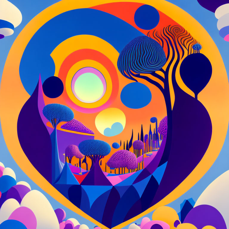 Colorful abstract landscape with whimsical trees and hills in concentric circles