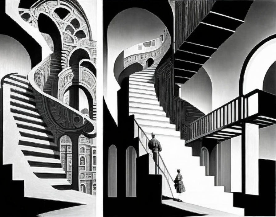 Surreal black and white architectural illustration with impossible stairs and arches, lone figure on landing