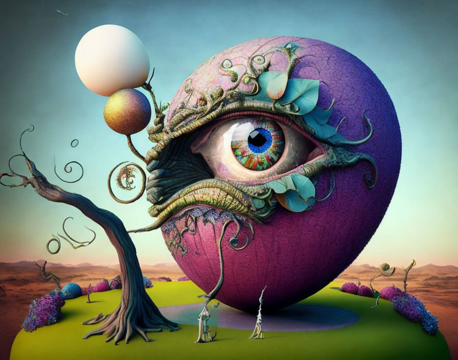Surreal purple orb with eye, tree, figures, and orbs in fantastical landscape