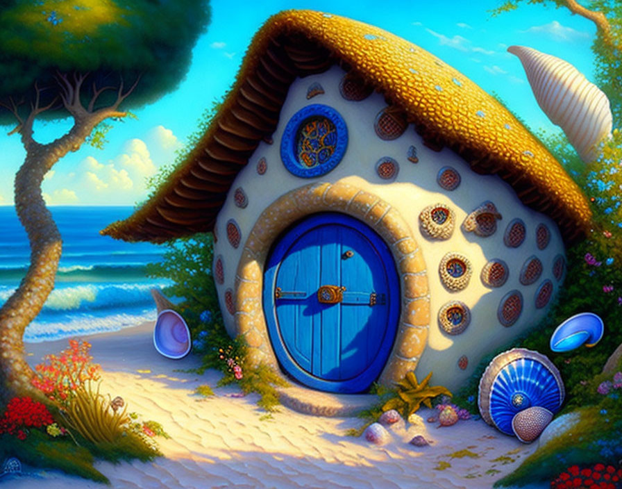 Seaside Cottage with Round Blue Door and Seashell Decorations