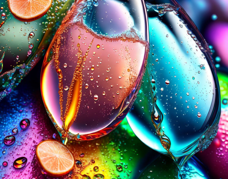 Vibrant water droplets on reflective surface with citrus fruit slices.
