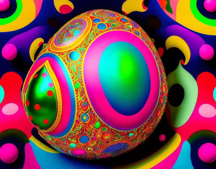 Colorful Psychedelic Digital Artwork with Ornate Egg and Abstract Shapes