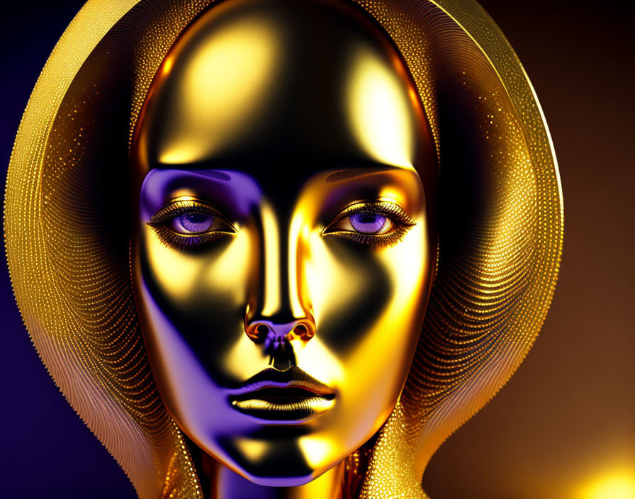 Symmetrical golden face with glowing eyes on dark background