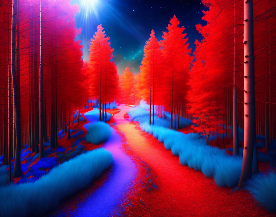 Colorful surreal forest landscape with red trees and blue grass under a starlit sky