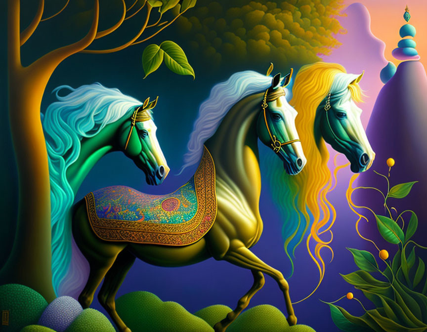 Two Majestic White Horses in Ornate Saddles Stride Through Colorful Landscape