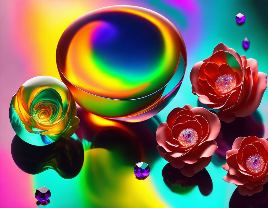 Colorful Abstract Artwork: Glossy Sphere, Swirling Patterns, Stylized Flowers
