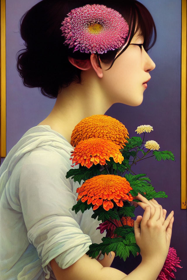 Woman with closed eyes and flower, vibrant orange marigolds on shoulder, purple background
