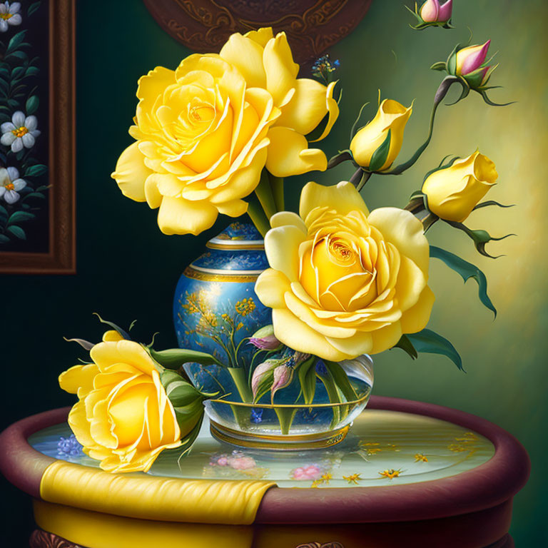 Colorful painting of yellow roses in blue vase on red table