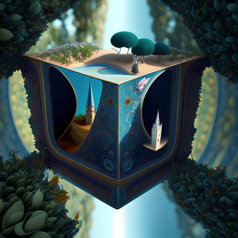 Cube-shaped surreal world with trees, patterns, castle, and rocket in cloudy sky