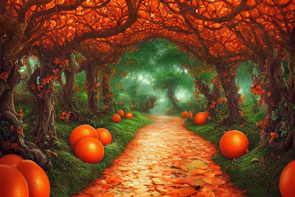 Orange Foliage Forest Path with Fruit and Misty Archway
