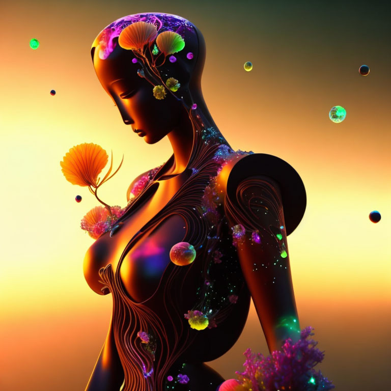 Digital artwork: Female figure with glowing patterns and botanical elements on orange backdrop with floating orbs