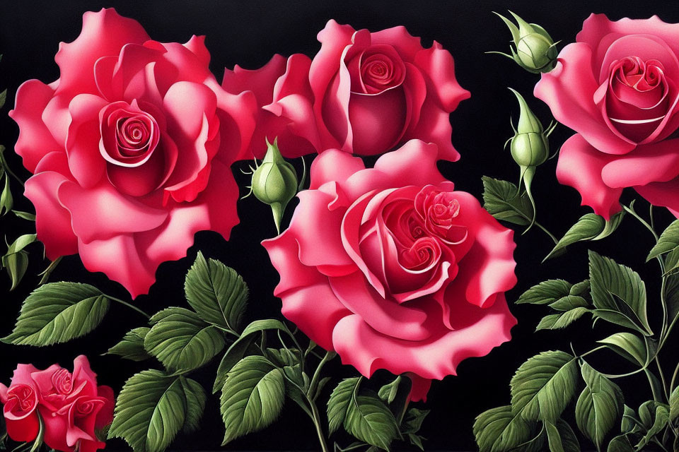 Red roses with green leaves and thorny stems on dark background showcasing different blooming stages