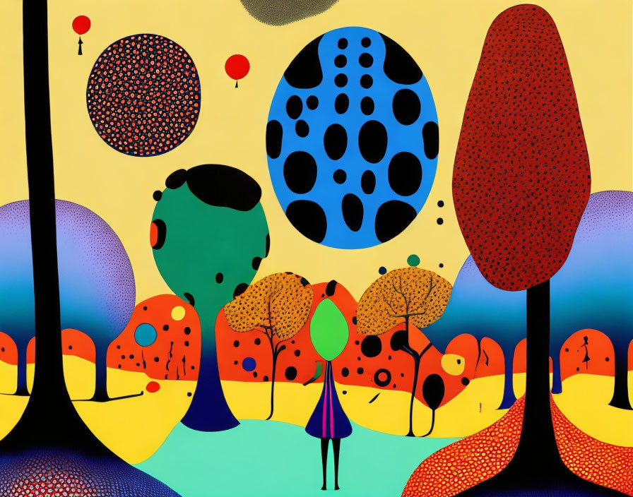 Colorful, stylized illustration of person in fantastical landscape with dotted trees and oversized plant-like forms