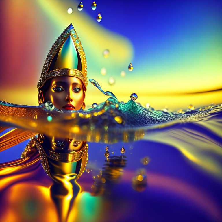 Surreal golden queen submerged in vibrant water scene