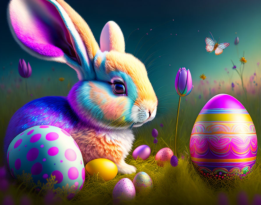 Vibrant Easter illustration with rabbit, eggs, tulips, and butterfly