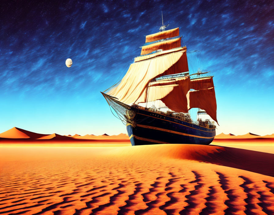 Sailing ship marooned on desert dunes under evening sky