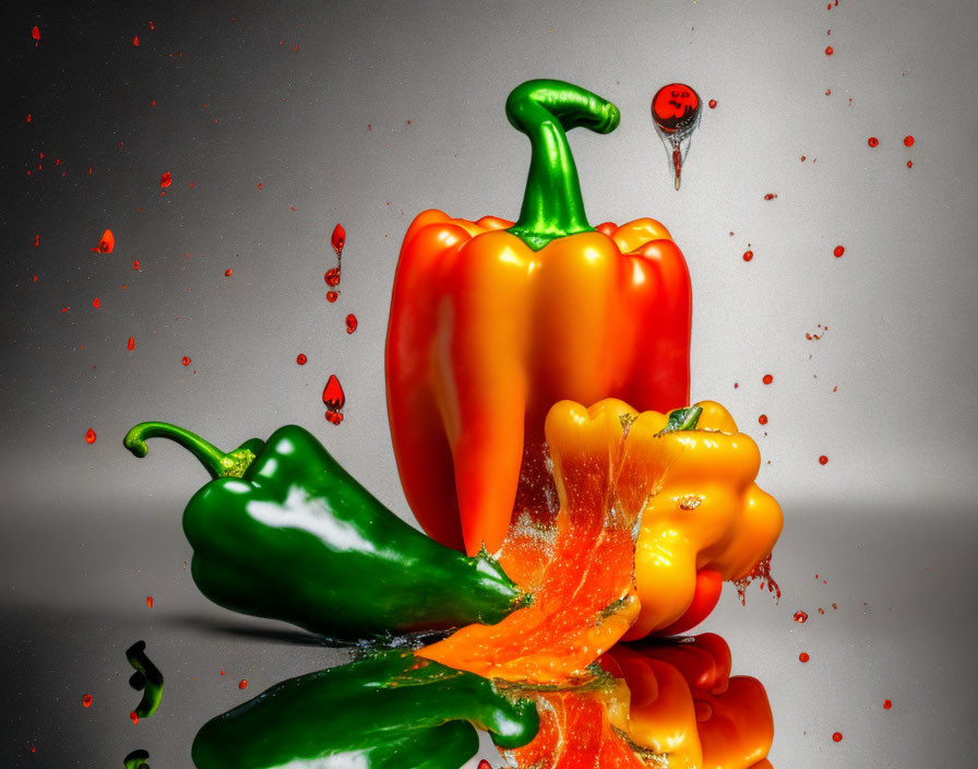 Vibrant Bell Peppers with Water Droplets on Reflective Surface
